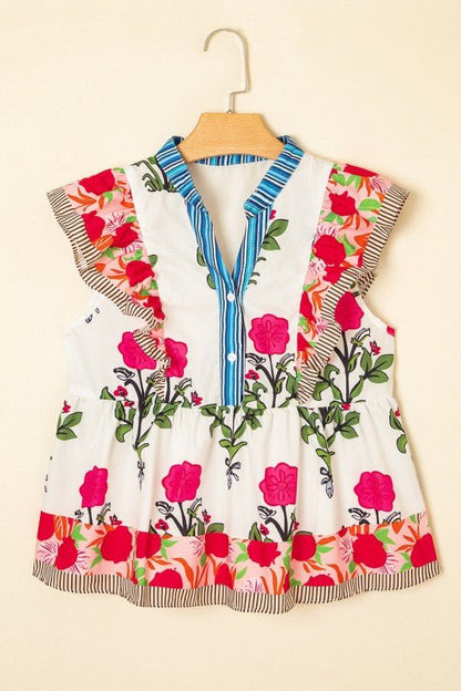 Floral Tie - Neck Stripe Flutter Sleeve Blouse - Bitsy Gypsy Boutique