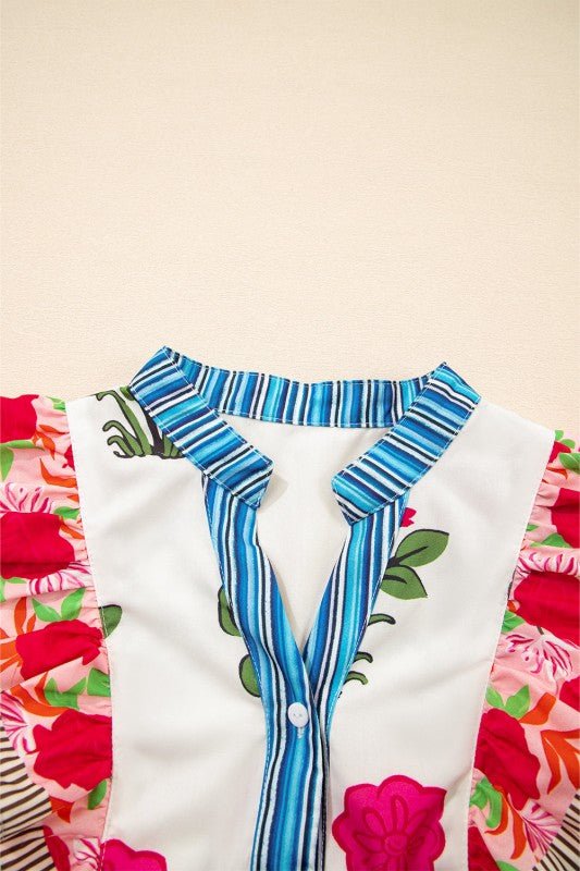 Floral Tie - Neck Stripe Flutter Sleeve Blouse - Bitsy Gypsy Boutique