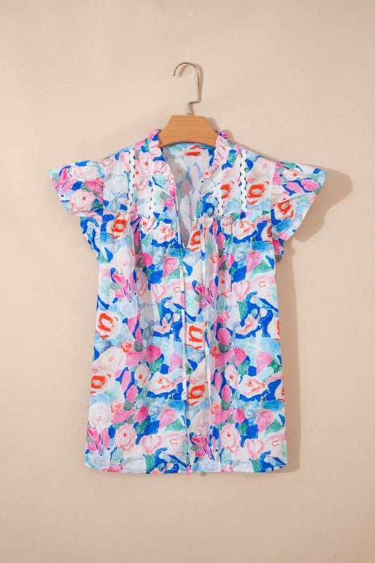 Floral Tie V - Neck Ruffle Short Sleeve Blouse - Bitsy Gypsy Boutique