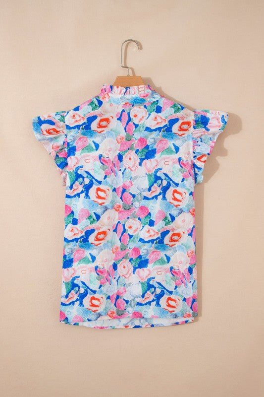 Floral Tie V - Neck Ruffle Short Sleeve Blouse - Bitsy Gypsy Boutique