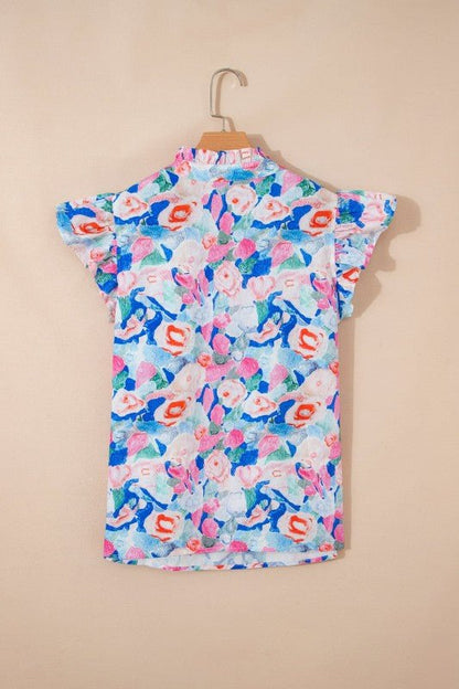 Floral Tie V - Neck Ruffle Short Sleeve Blouse - Bitsy Gypsy Boutique
