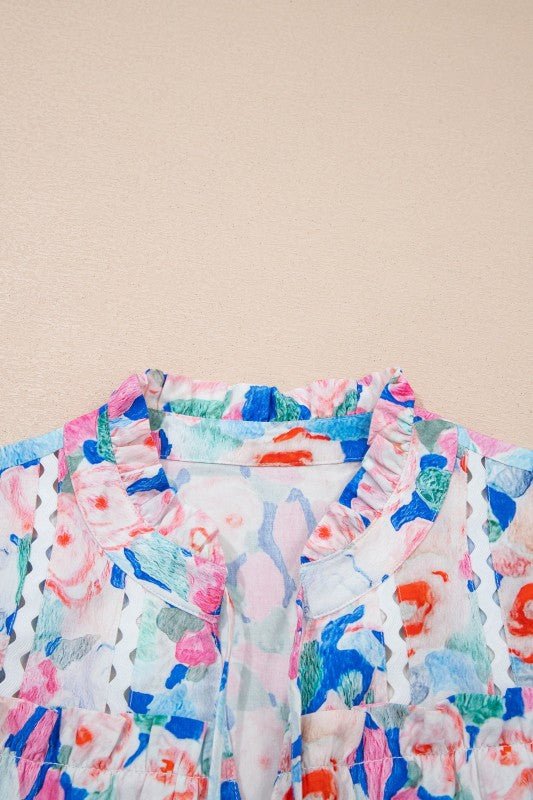 Floral Tie V - Neck Ruffle Short Sleeve Blouse - Bitsy Gypsy Boutique