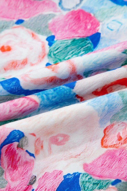 Floral Tie V - Neck Ruffle Short Sleeve Blouse - Bitsy Gypsy Boutique