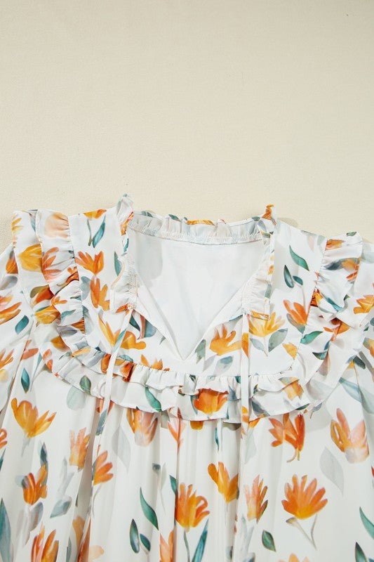 Floral Tied V - Neck Long Sleeve Mini Dress - Bitsy Gypsy Boutique