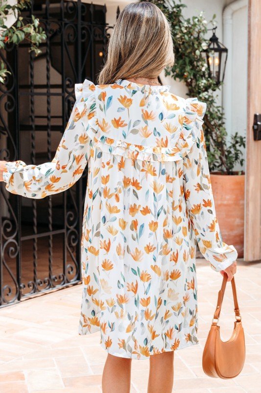 Floral Tied V - Neck Long Sleeve Mini Dress - Bitsy Gypsy Boutique