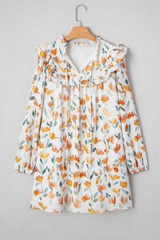 Floral Tied V - Neck Long Sleeve Mini Dress - Bitsy Gypsy Boutique