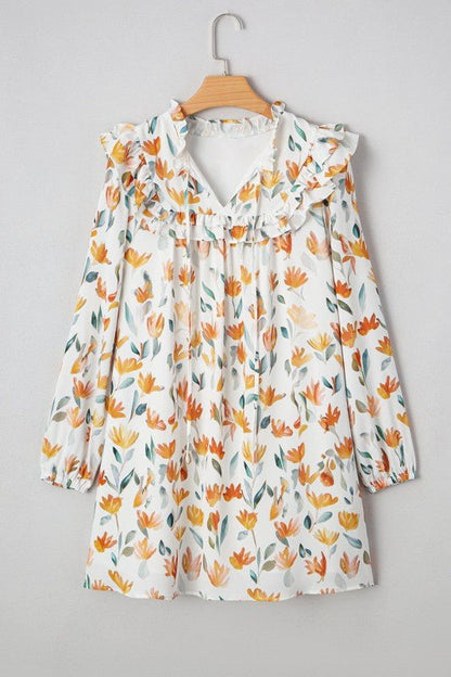 Floral Tied V - Neck Long Sleeve Mini Dress - Bitsy Gypsy Boutique