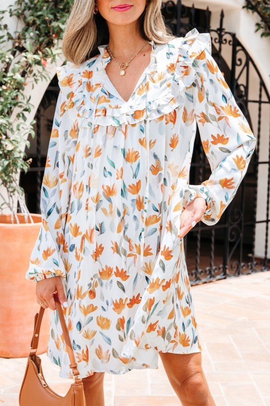 Floral Tied V - Neck Long Sleeve Mini Dress - Bitsy Gypsy Boutique