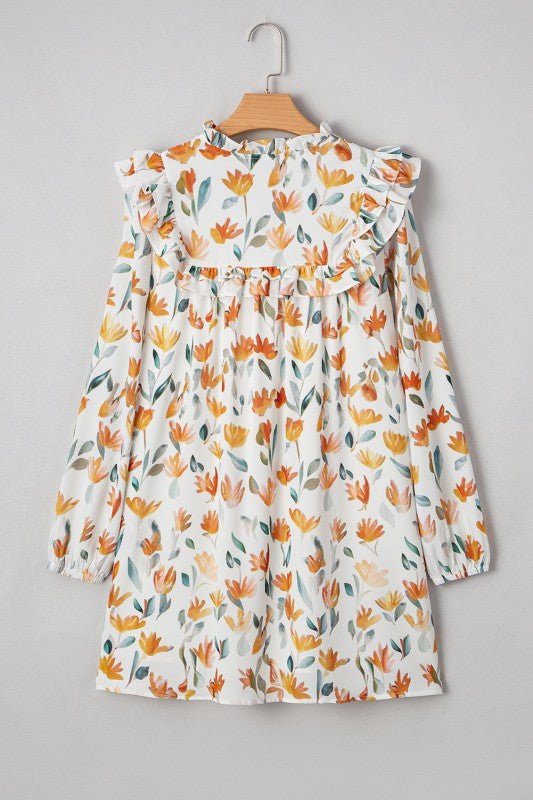 Floral Tied V - Neck Long Sleeve Mini Dress - Bitsy Gypsy Boutique