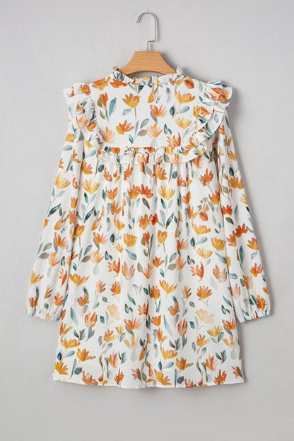 Floral Tied V - Neck Long Sleeve Mini Dress - Bitsy Gypsy Boutique