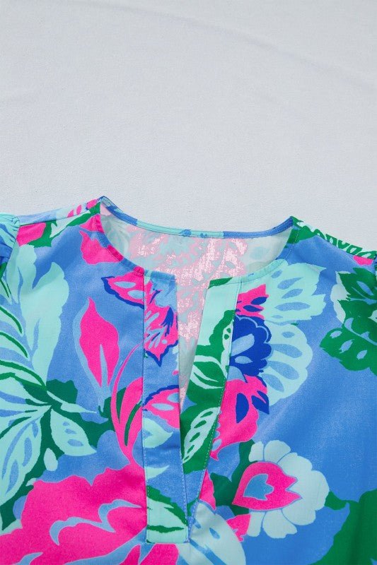 Floral V - Neck Puff Sleeve Blouse - Bitsy Gypsy Boutique