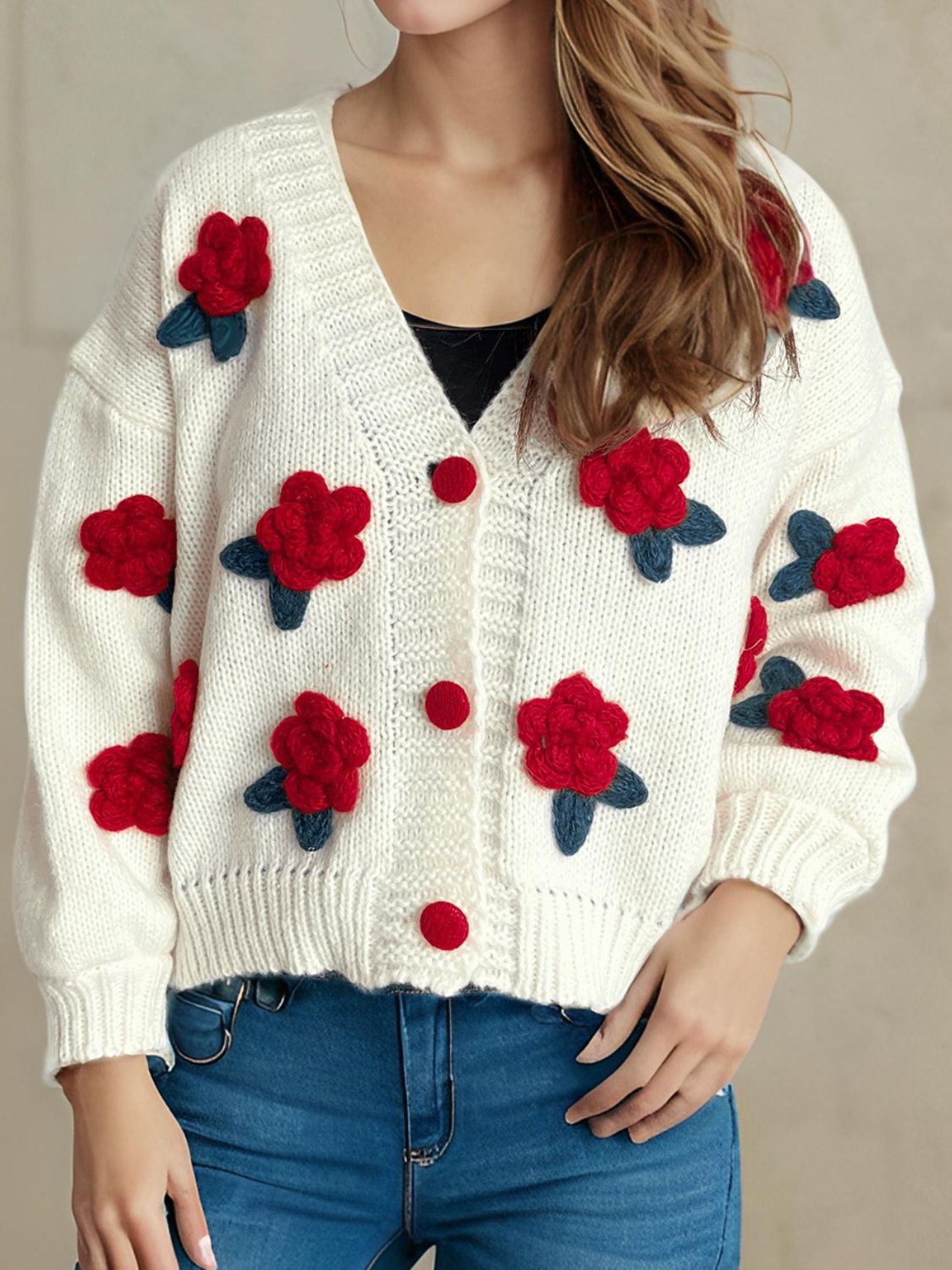 Flower Button Down V - Neck Long Sleeve Cardigan - Bitsy Gypsy Boutique