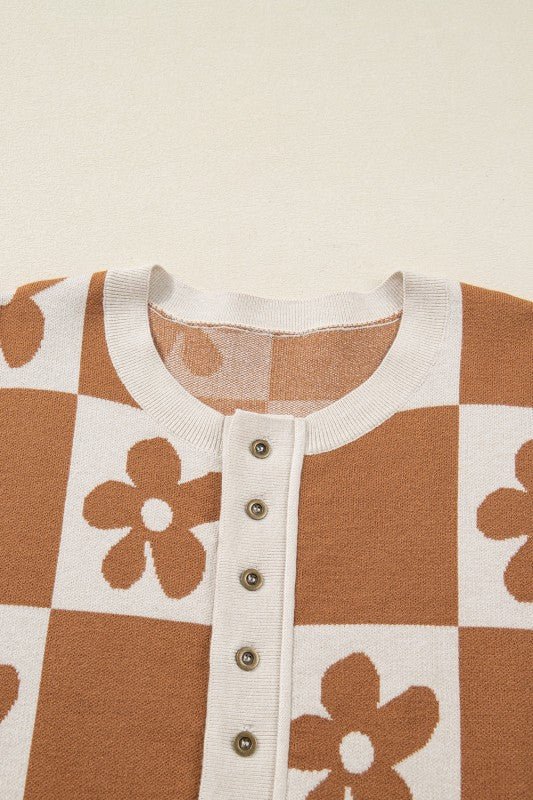 Flower Checker Henley Baggy Sweater - Bitsy Gypsy Boutique