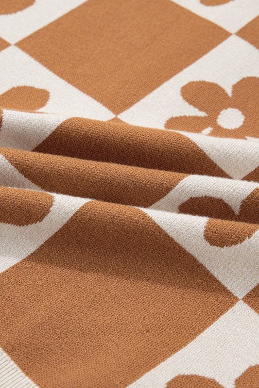 Flower Checker Henley Baggy Sweater - Bitsy Gypsy Boutique