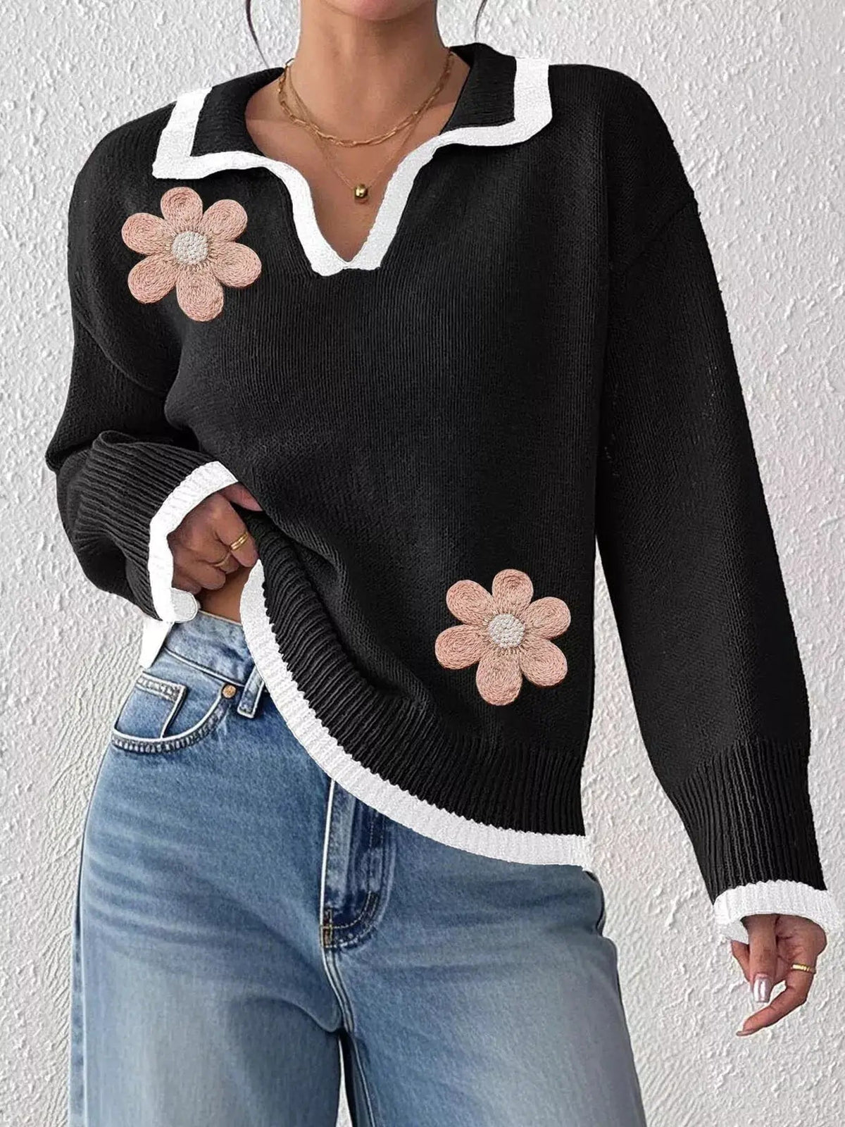 Flower Contrast Trim Dropped Shoulder Sweater - Bitsy Gypsy Boutique