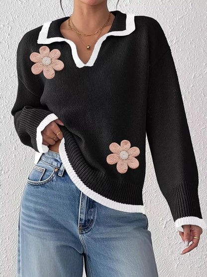 Flower Contrast Trim Dropped Shoulder Sweater - Bitsy Gypsy Boutique