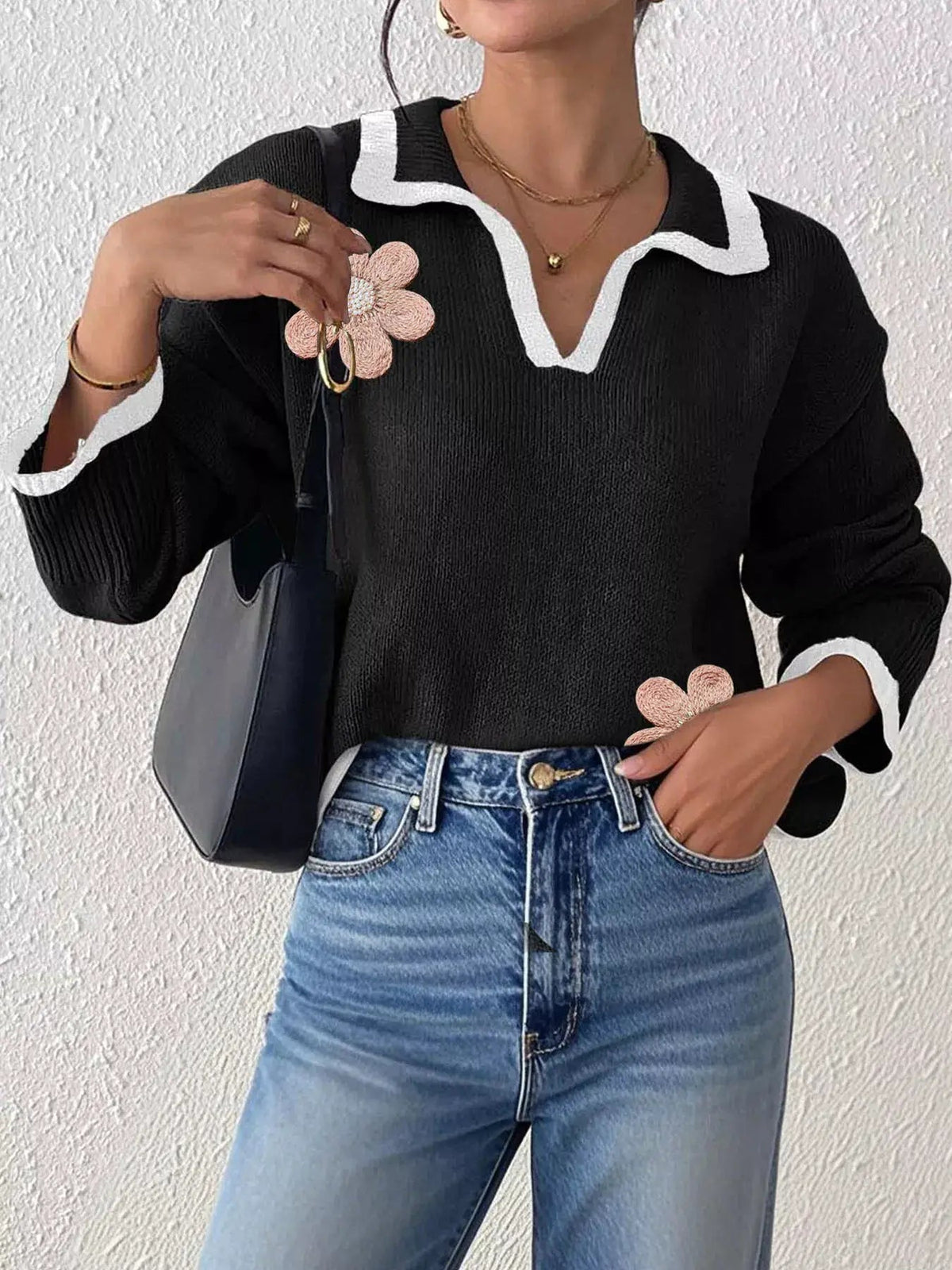 Flower Contrast Trim Dropped Shoulder Sweater - Bitsy Gypsy Boutique