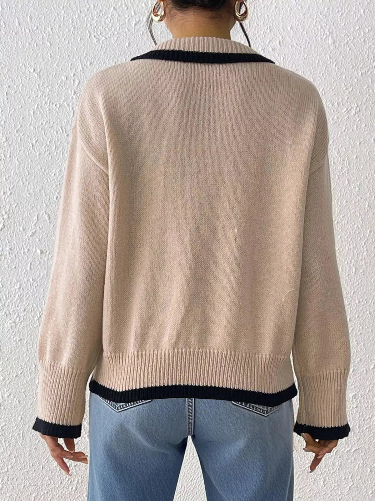 Flower Contrast Trim Dropped Shoulder Sweater - Bitsy Gypsy Boutique