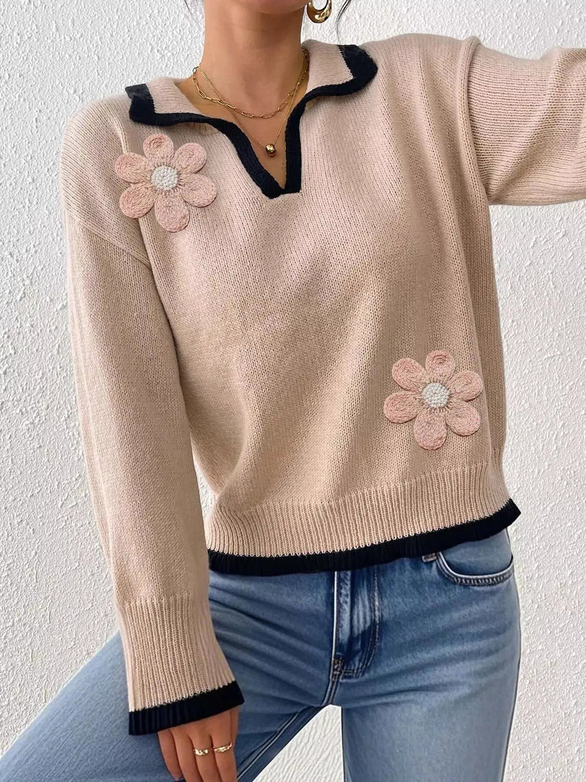 Flower Contrast Trim Dropped Shoulder Sweater - Bitsy Gypsy Boutique