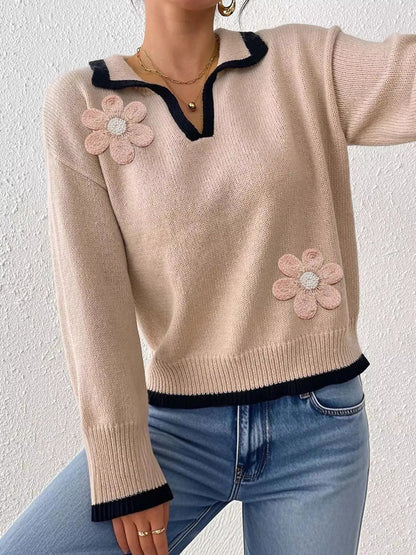 Flower Contrast Trim Dropped Shoulder Sweater - Bitsy Gypsy Boutique