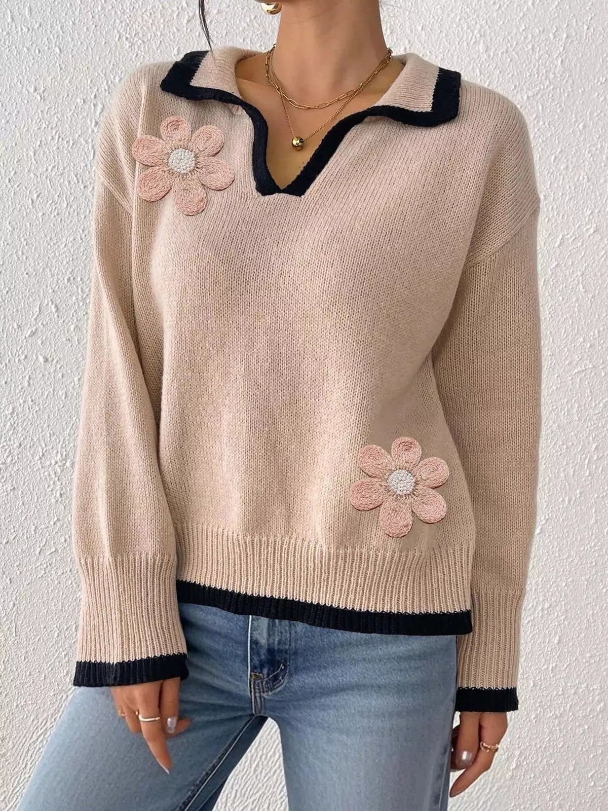 Flower Contrast Trim Dropped Shoulder Sweater - Bitsy Gypsy Boutique