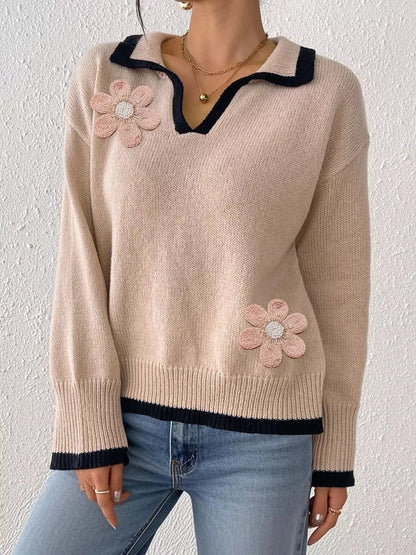 Flower Contrast Trim Dropped Shoulder Sweater - Bitsy Gypsy Boutique