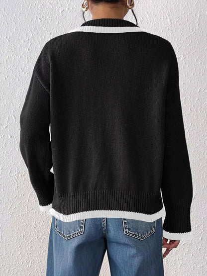Flower Contrast Trim Dropped Shoulder Sweater - Bitsy Gypsy Boutique