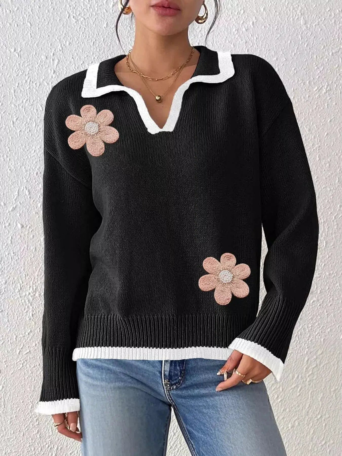 Flower Contrast Trim Dropped Shoulder Sweater - Bitsy Gypsy Boutique