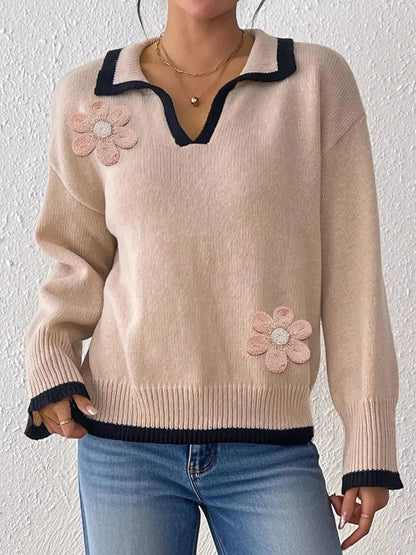 Flower Contrast Trim Dropped Shoulder Sweater - Bitsy Gypsy Boutique