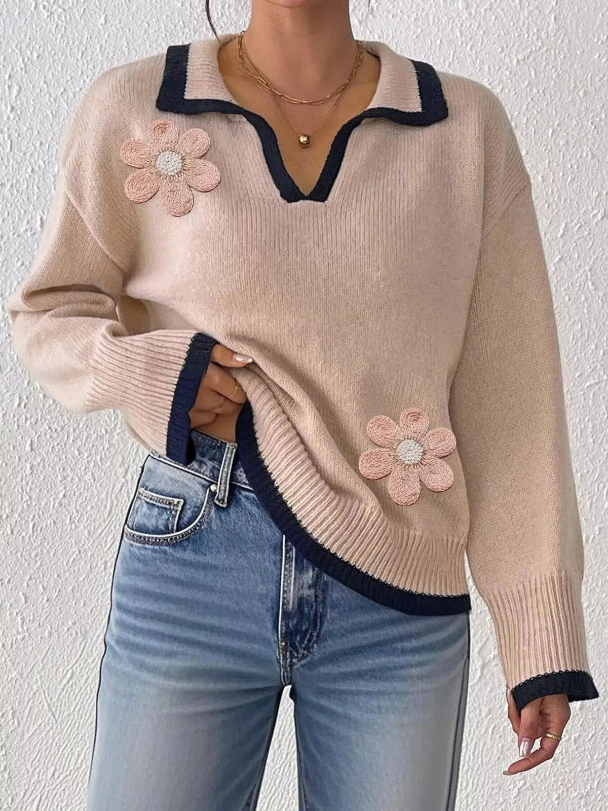 Flower Contrast Trim Dropped Shoulder Sweater - Bitsy Gypsy Boutique