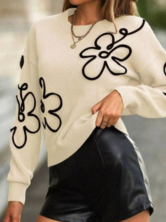Flower Dropped Shoulder Sweater - Bitsy Gypsy Boutique