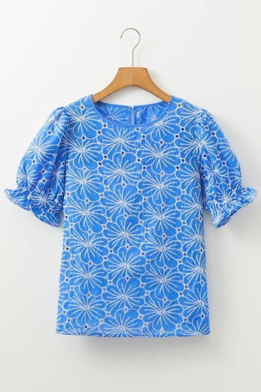 Flower Embroidered Eyelet Puff Sleeve Blouse - Bitsy Gypsy Boutique