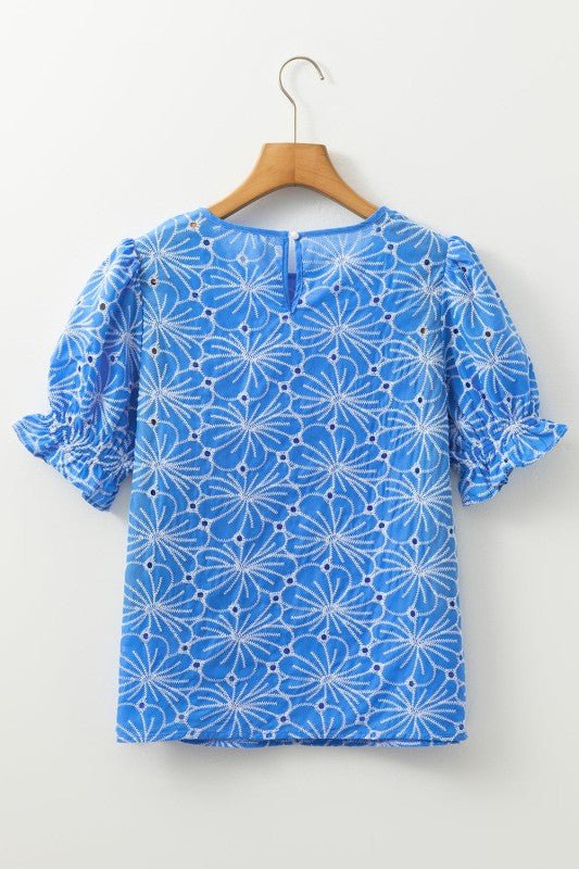 Flower Embroidered Eyelet Puff Sleeve Blouse - Bitsy Gypsy Boutique