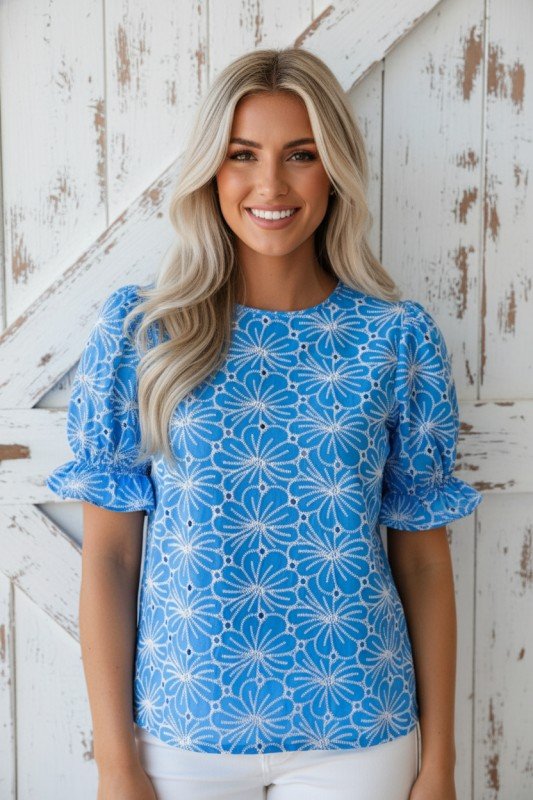 Flower Embroidered Eyelet Puff Sleeve Blouse - Bitsy Gypsy Boutique