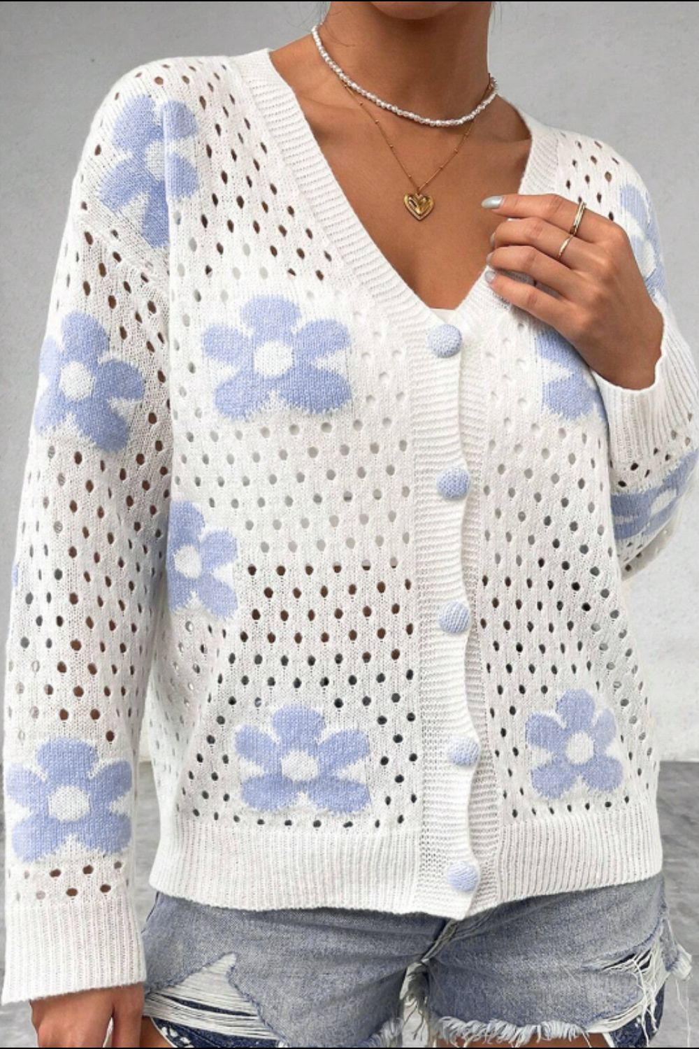 Flower Hollowed Out Button Down Long Sleeve Cardigan - Bitsy Gypsy Boutique