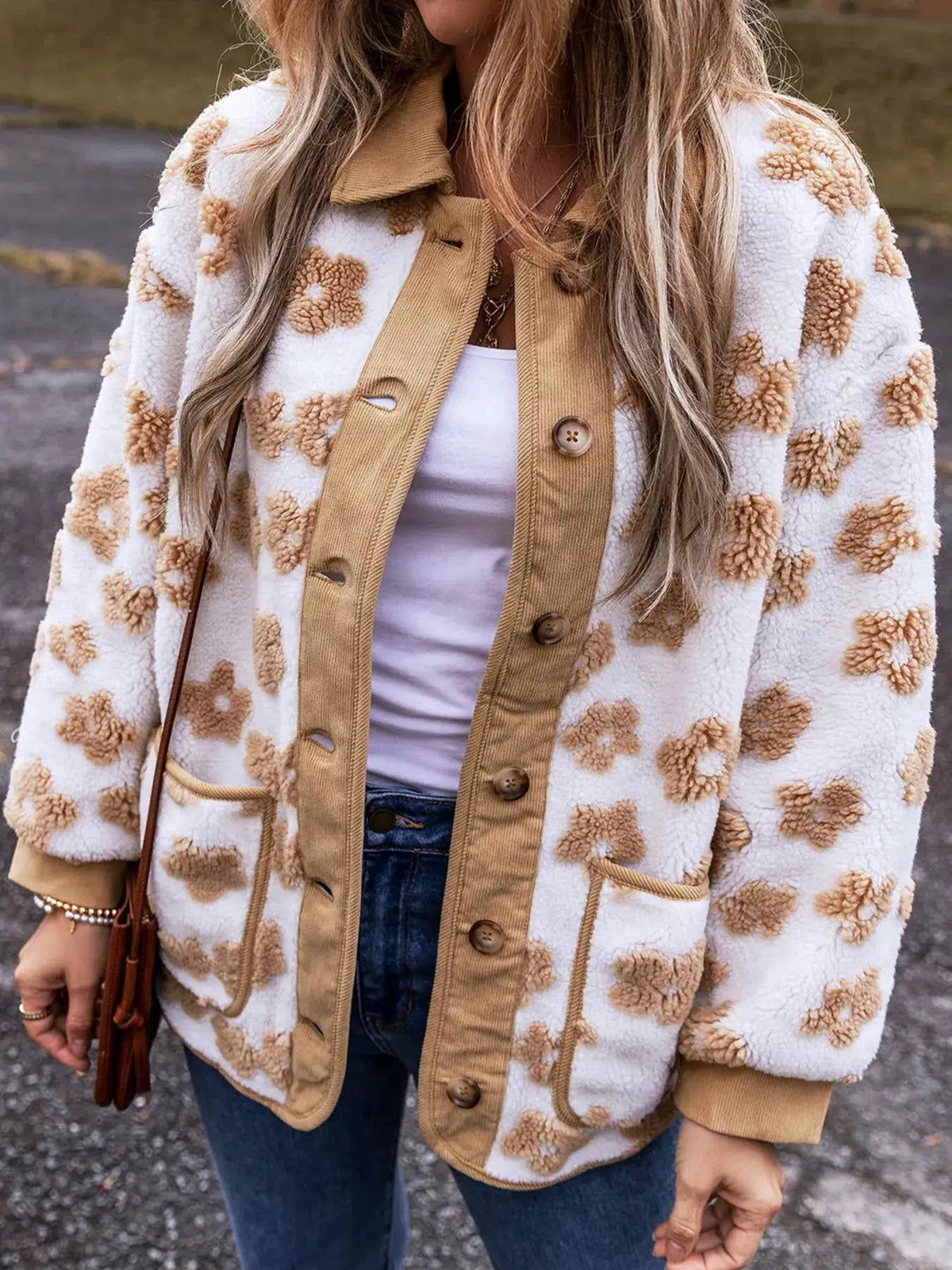 Flower Pattern Button Up Fleece Jacket - Bitsy Gypsy Boutique