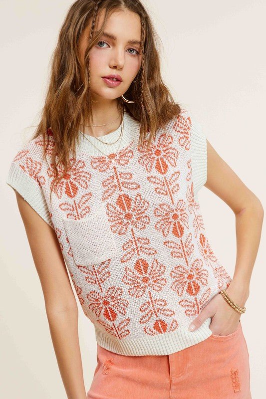 Flower Pattern Sleeveless Sweater Top - Bitsy Gypsy Boutique