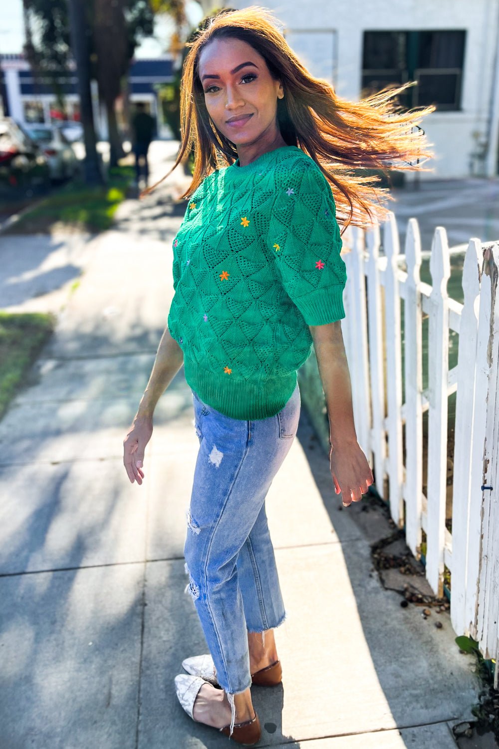 Flower Power Embroidered Crochet Textured Short Sleeve Sweater - Bitsy Gypsy Boutique