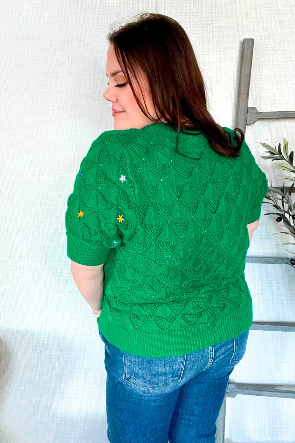 Flower Power Embroidered Crochet Textured Short Sleeve Sweater - Bitsy Gypsy Boutique