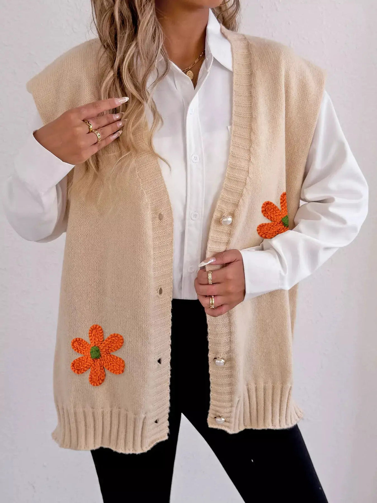 Flower V-Neck Sleeveless Cardigan - Bitsy Gypsy Boutique