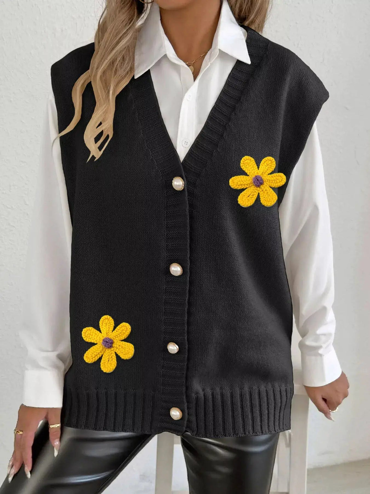 Flower V-Neck Sleeveless Cardigan - Bitsy Gypsy Boutique