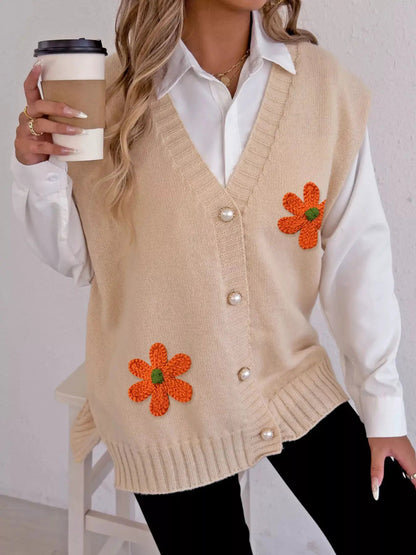 Flower V-Neck Sleeveless Cardigan - Bitsy Gypsy Boutique
