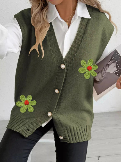 Flower V-Neck Sleeveless Cardigan - Bitsy Gypsy Boutique