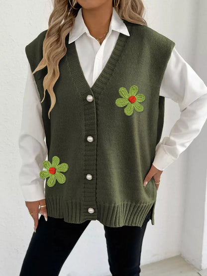 Flower V-Neck Sleeveless Cardigan - Bitsy Gypsy Boutique