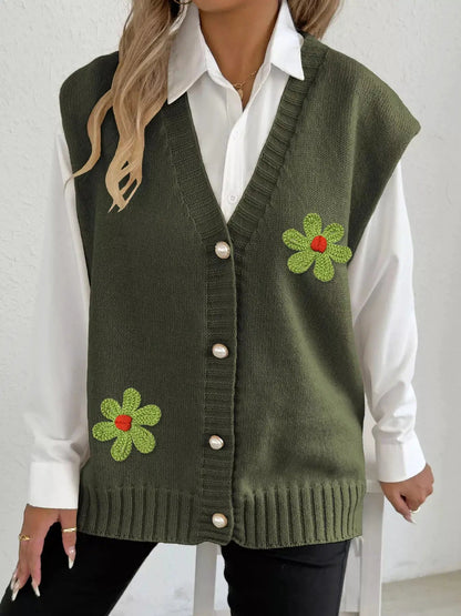 Flower V-Neck Sleeveless Cardigan - Bitsy Gypsy Boutique