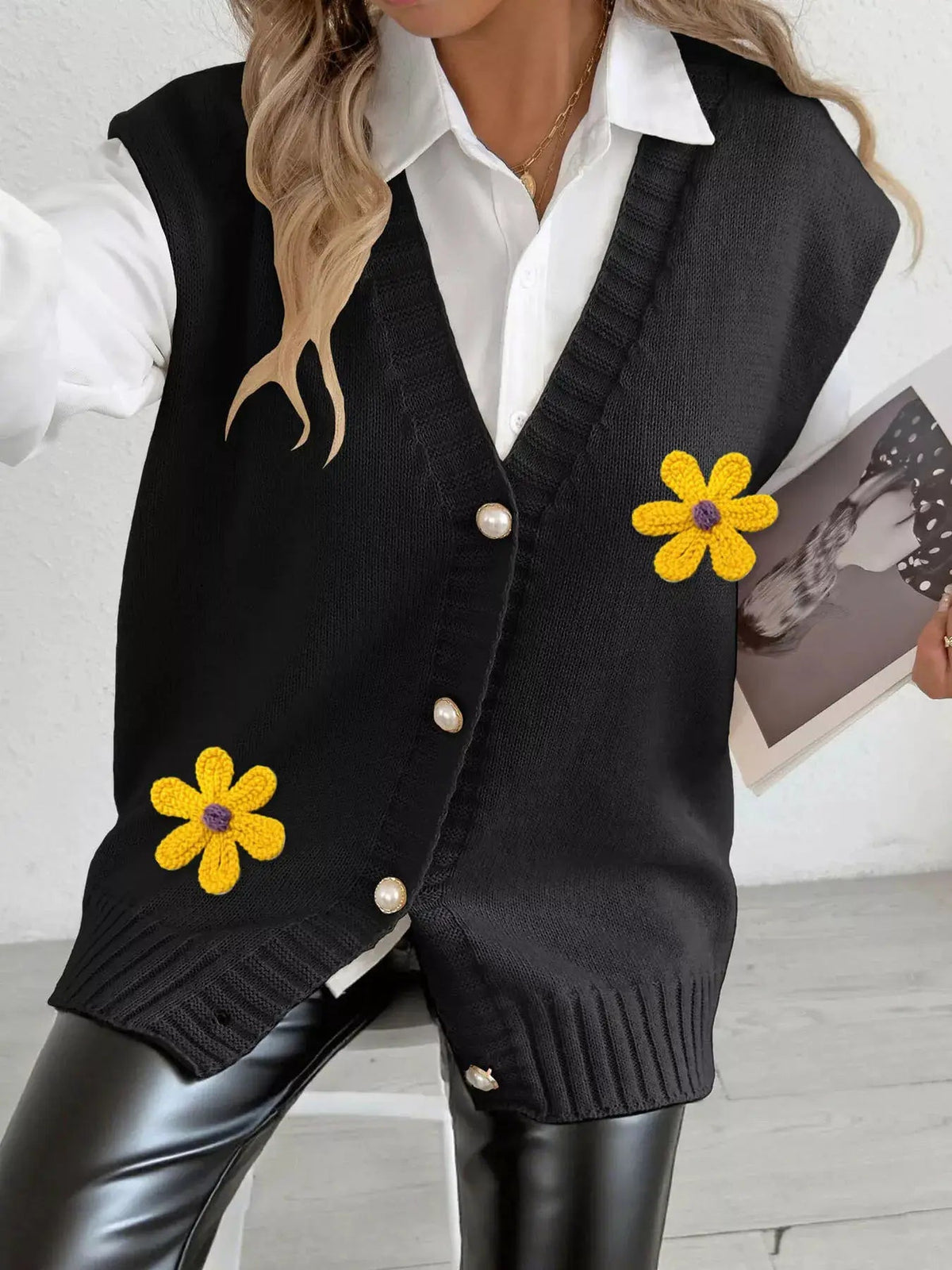 Flower V-Neck Sleeveless Cardigan - Bitsy Gypsy Boutique