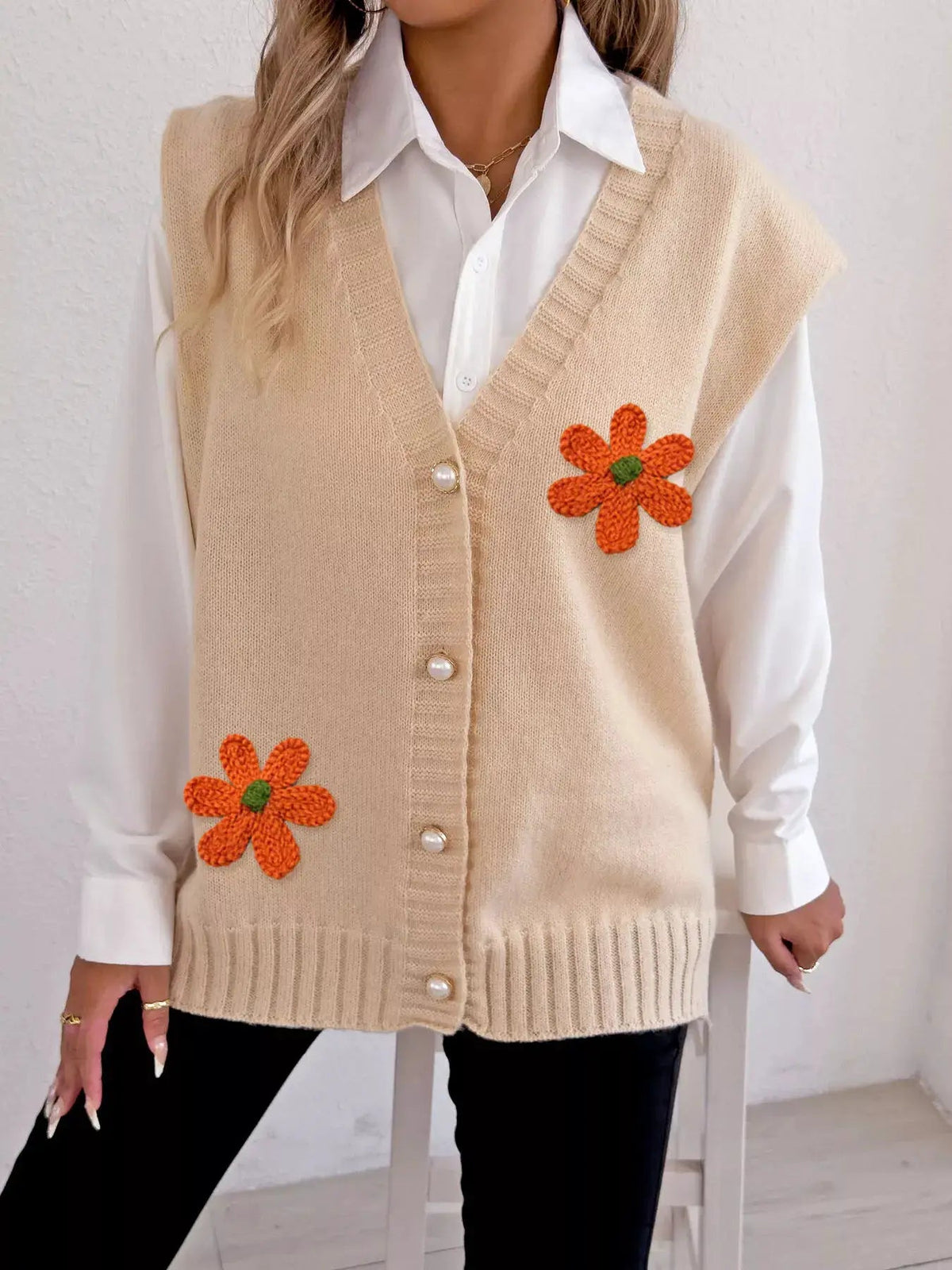 Flower V-Neck Sleeveless Cardigan - Bitsy Gypsy Boutique