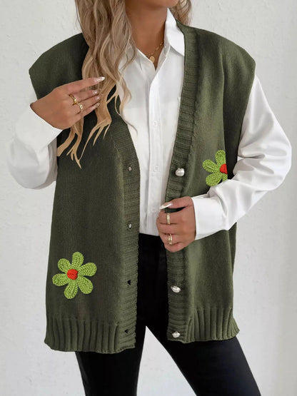 Flower V-Neck Sleeveless Cardigan - Bitsy Gypsy Boutique