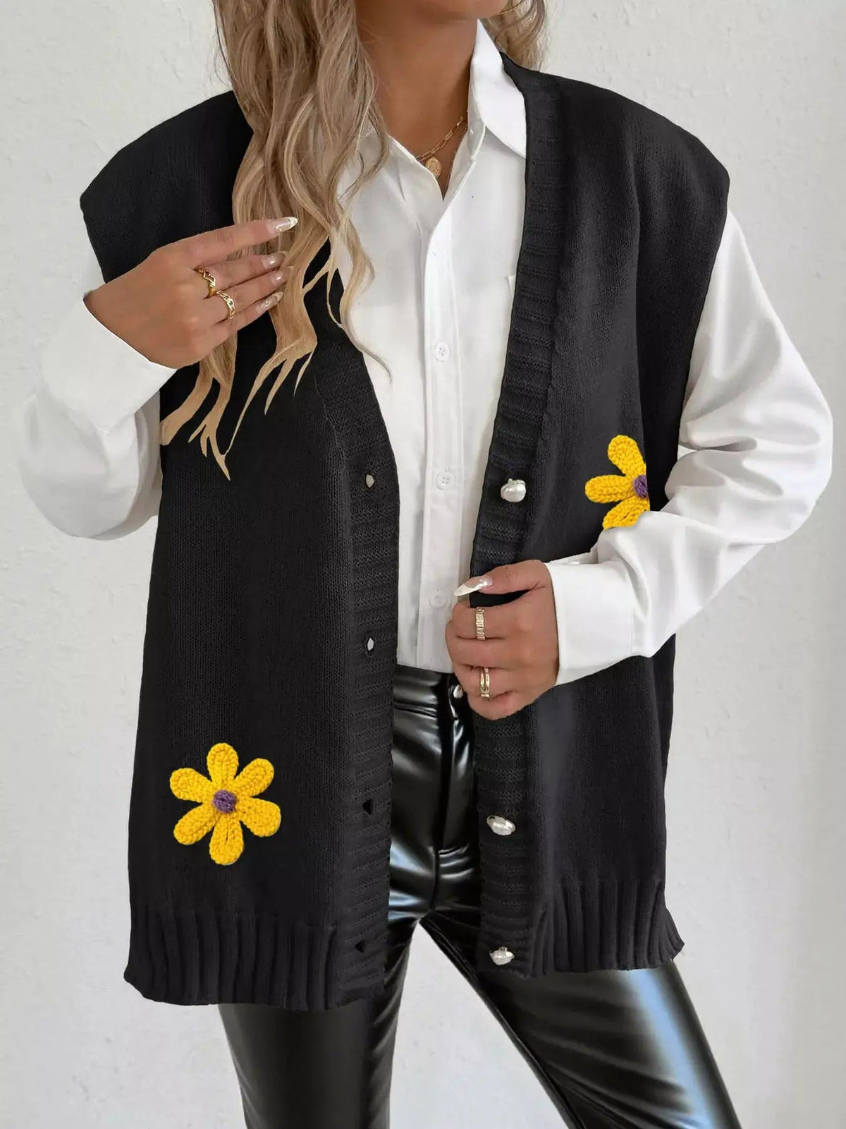 Flower V-Neck Sleeveless Cardigan - Bitsy Gypsy Boutique