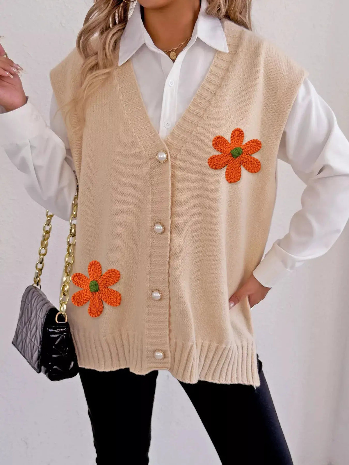 Flower V-Neck Sleeveless Cardigan - Bitsy Gypsy Boutique